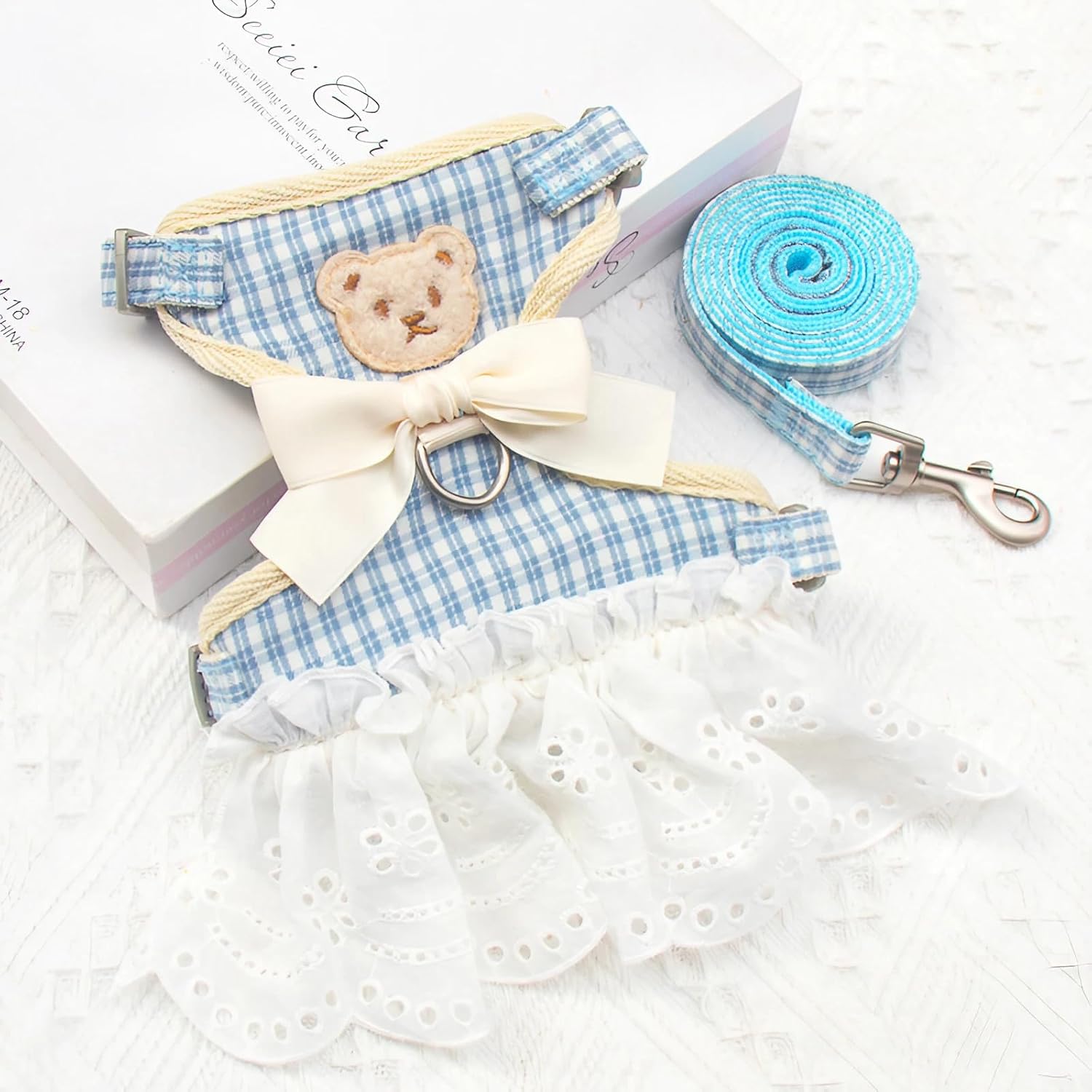 Cute Bear Harness Leash Set 2Pcs Cat Rabbit Dog Bow Plaid Premium Vest Princess Dress Collar Adjustable Breathable Soft Mesh (Pink1 + Blue, Small)