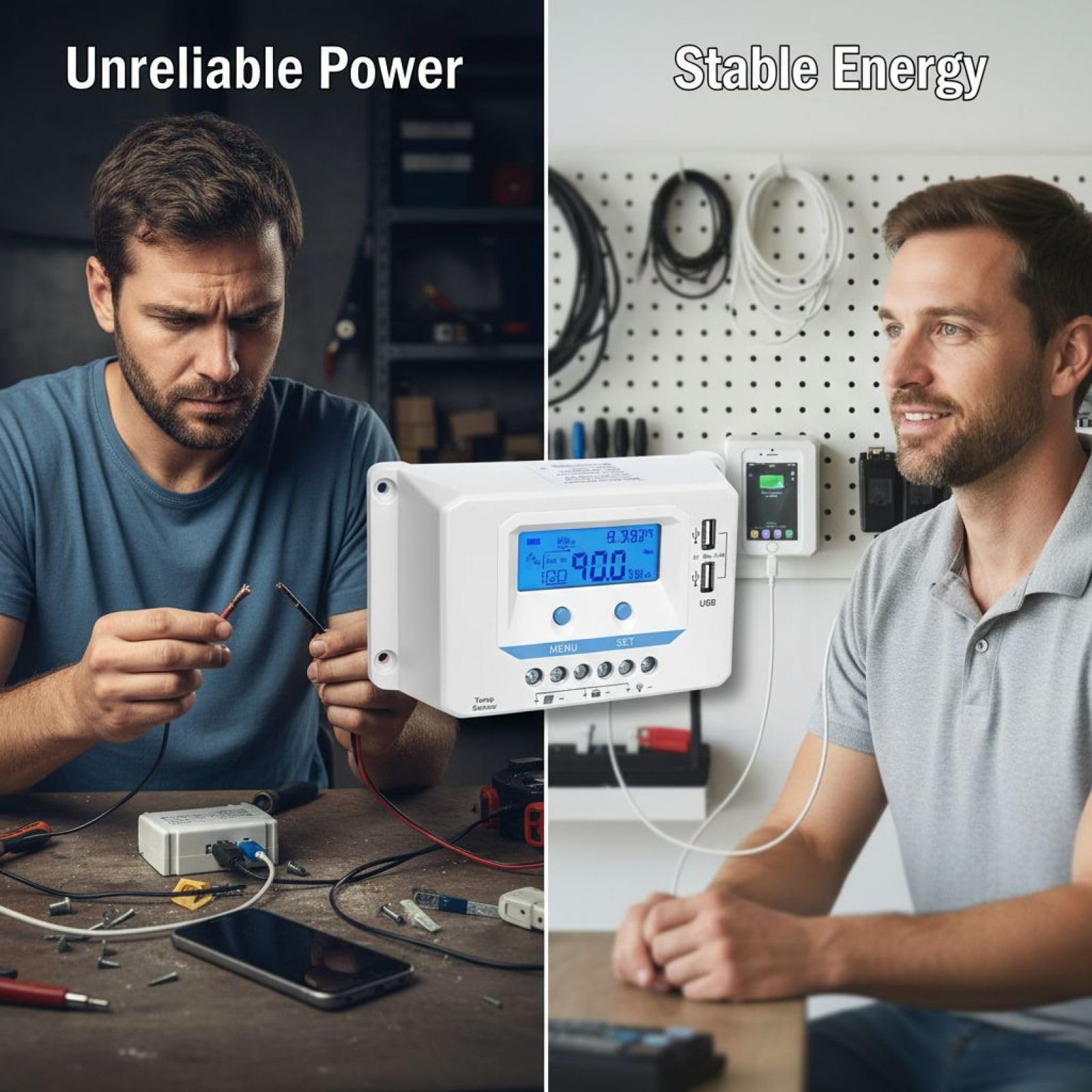 Solarny regulator ładowania, 12 V, 24 V, automatyczne wykrywanie, system PV 10 A, 40 A, Power Manager z 2 portami USB, LCD z podświetleniem, obudowa ABS do domu, przyczepy kempingowej i pracy na