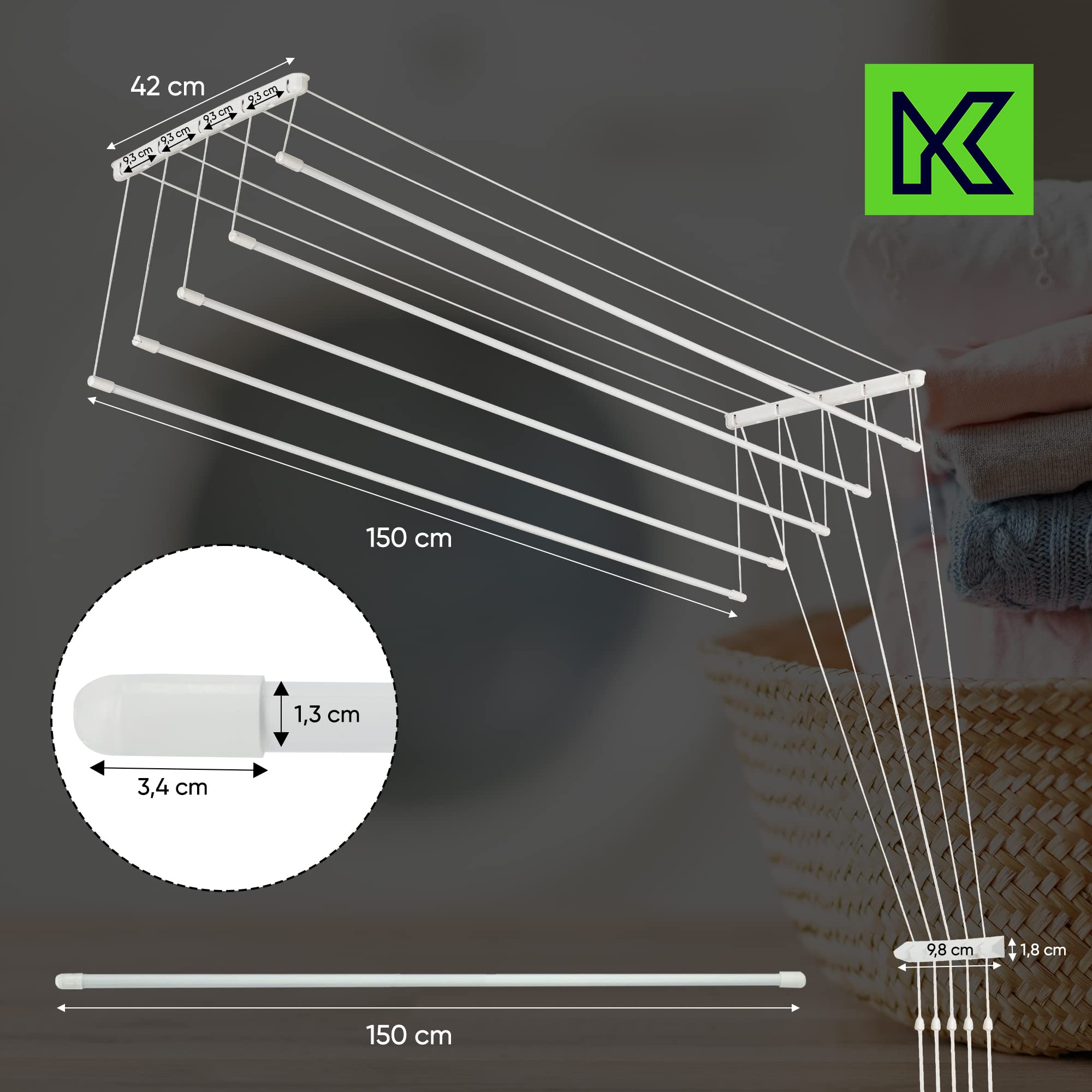 KADAX Etendoir a Linge au Plafond avec Tiges en Acier, Pratique Systeme de Sechage Suspended pour Maximiser l'espace Interieur (Blanc, 5 x 150 cm)