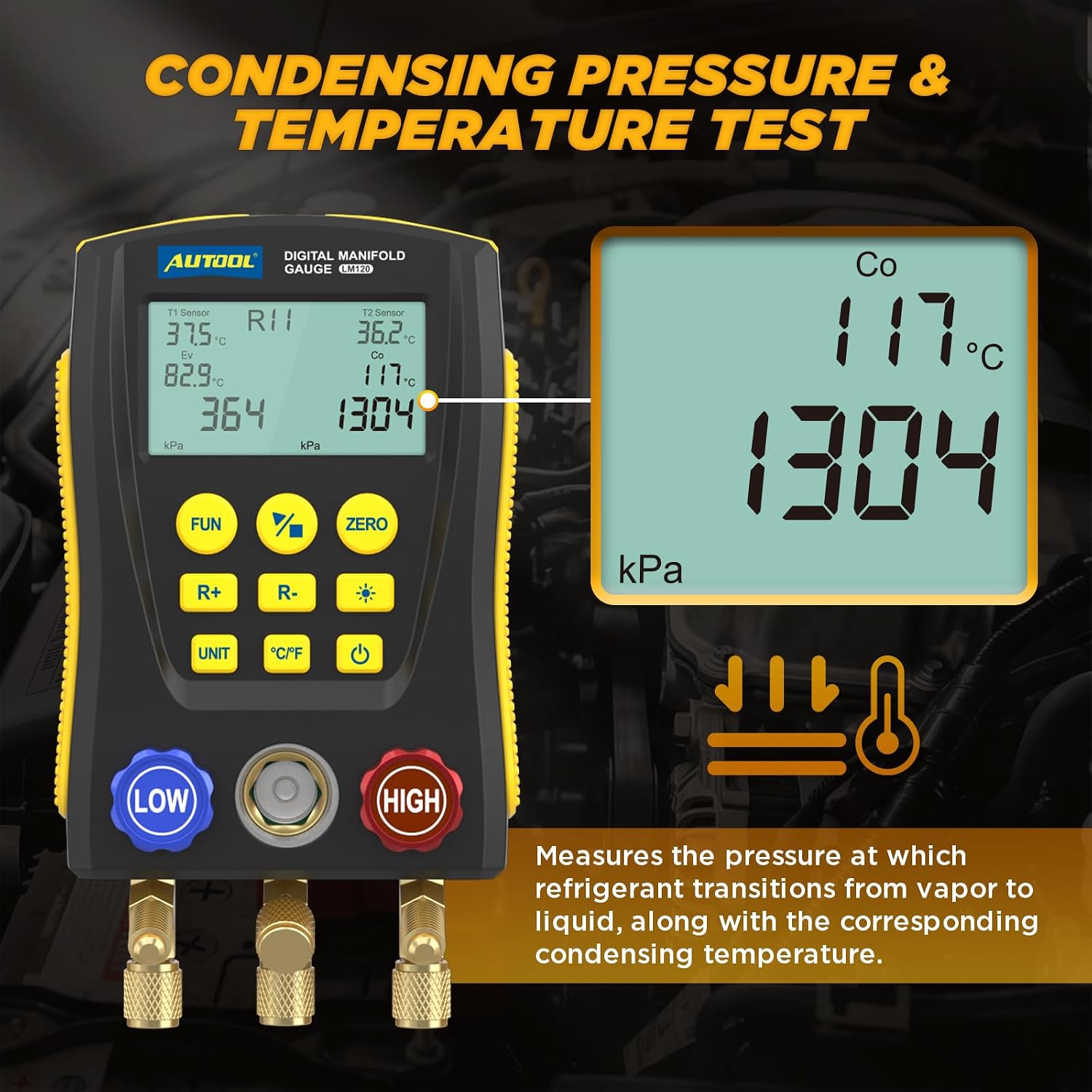 AUTOOL LM120 Digital Manifold Gauge – Intelligent Refrigerant Leak Detector for Automotive AC, Dual Pressure & Temperature Testing, HVAC Service Tool