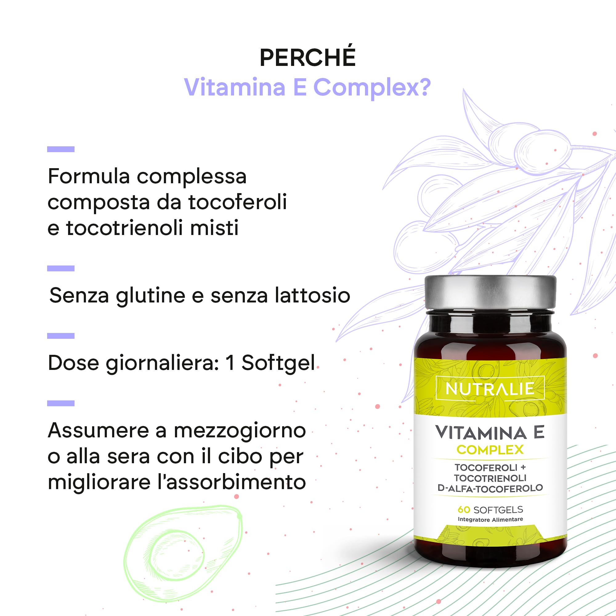 Vitamina E - Antiossidante - Tocoferolo + Tocotrienolo - Protezione delle Cellulle dallo Stress Ossidativo - 60 Softgels Vitamin E Complex Nutralie