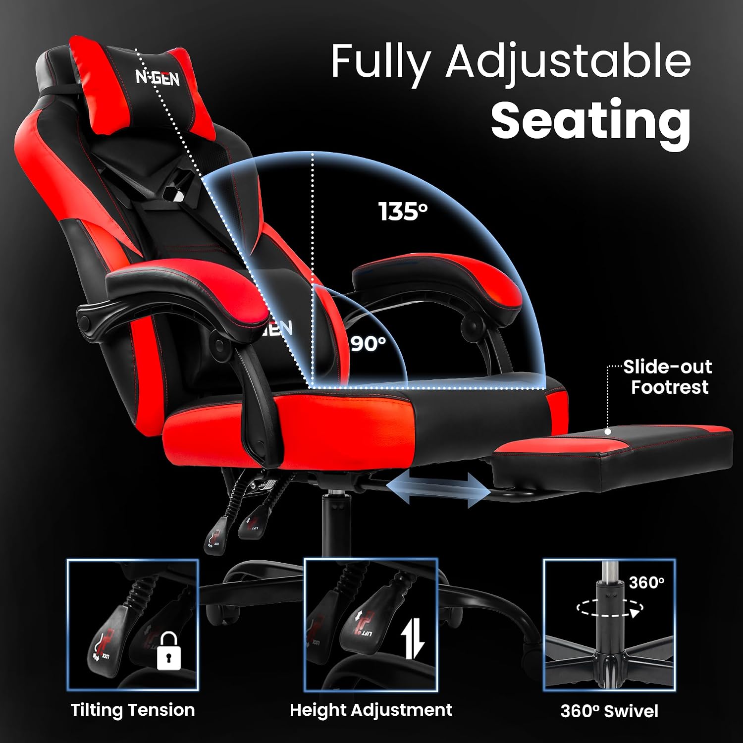 Gaming Chairs with Footrest, Big and Tall Gamer Chair with Headrest and Lumbar Support for Adults, Red