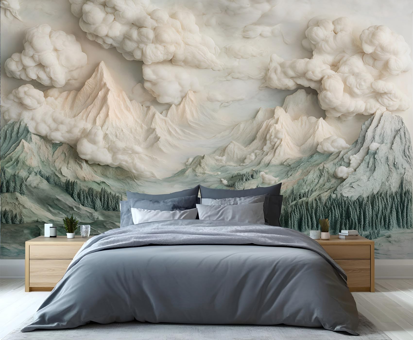GIVLWF Mountains Wallpaper, 3D Embossed Landscape Self Adhesive Wallpaper for Living Room, Elegant Green Wall Paper for Bedroom, Light Luxury Wall Mural, Beauty Large Mural & Room Decor โ image 1