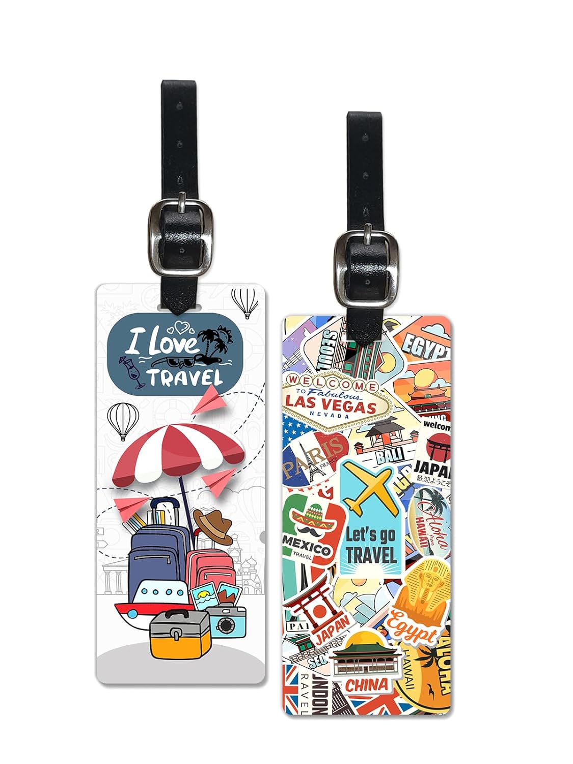 3D Lenticular Luggage Tag Long Set of 2 | Stamp Sticker + I Love Travel | Luggage/Bag/Travel ID Label Tags for Suitcase & School Bags, 2 Labels