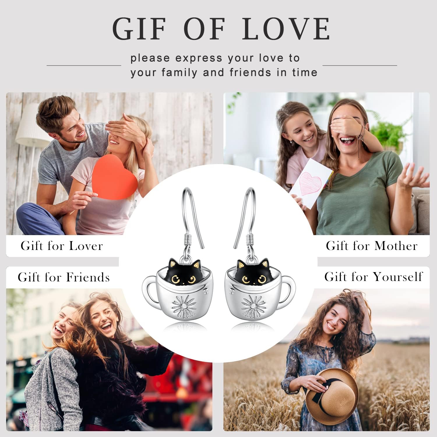 Black Cat Earrings 925 Sterling Silver Cute Aninmal Earrings Jewelry Gifts for Women