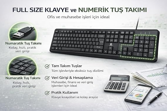 YK Design USB Kablolu Klavye, 104 Tuş, Full Size, Numerik Tuş Takımlı, Siyah