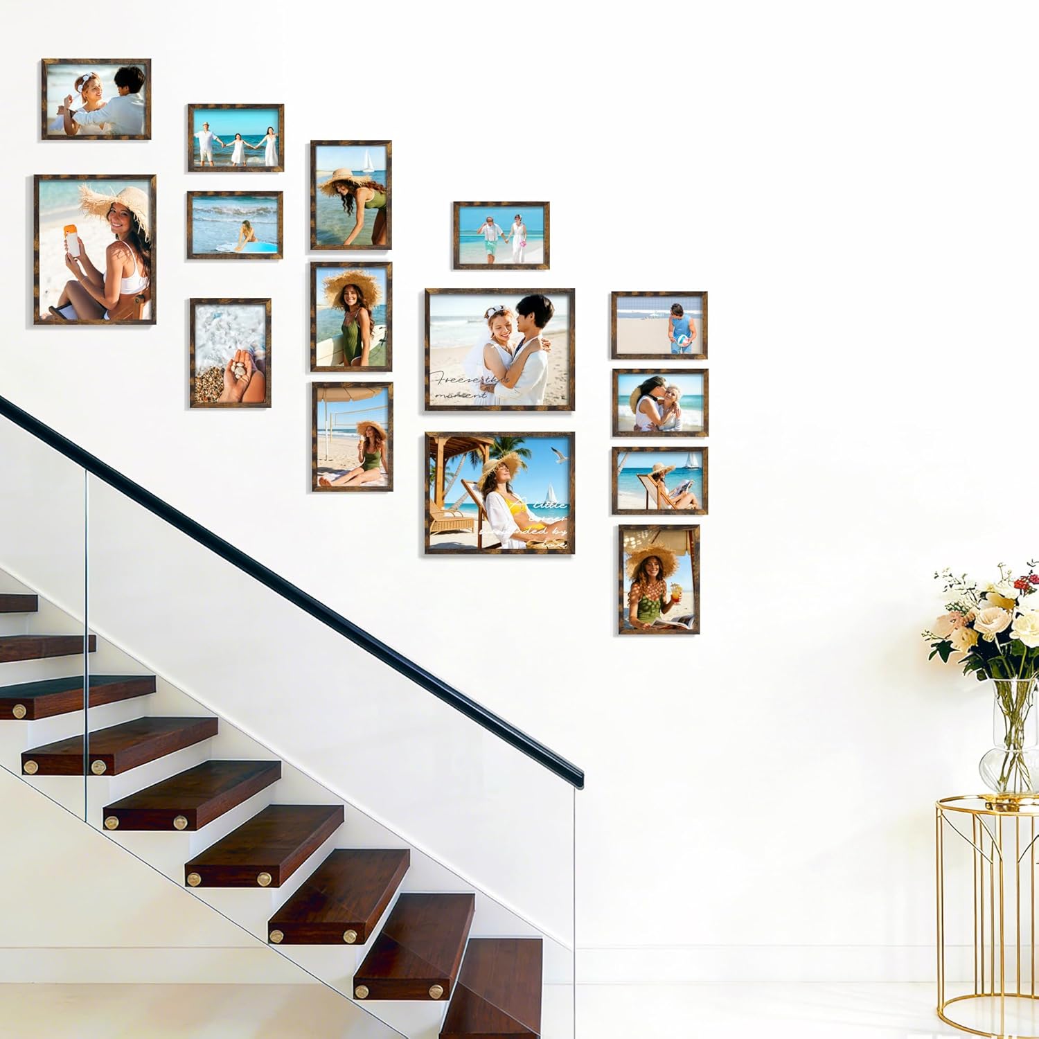 DUENPY 15 Pack Picture Frames Collage Wall Decor, Brown Frame Set with 3pcs 8x10, 6pcs 5x7, 6pcs 4x6 for Gallery Display, Wall Mounting & Tabletop, Bulk Photo Frames for Living Room Decor