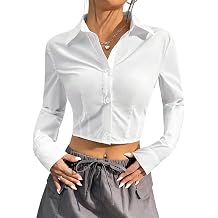 SUNNOW Womens Cinched Waist Crop Top Button Down Shirt Long Sleeve Fitted Blouse for Elegant Office to Weekend Wear