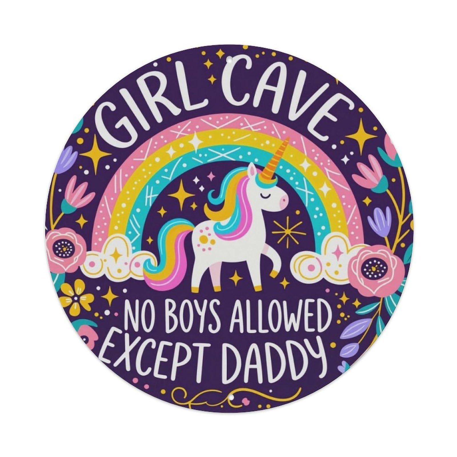 Dark Purple Rainbow Unicorn Girl Cave Funny Round Decor Sign Vintage Aluminium Metal Sign, Retro Wall Decor for Home, Bar, Garage & Farmhouse 20x20cm