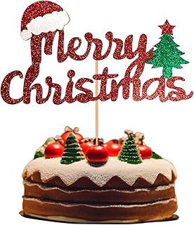 Merry Christmas Cupcake Toppers Xmas Cake Toppers Red Glitter with Merry Christmas Letter Xmas Tree Cake Topper Decoration for Christmas Theme Party Cake Decorations Supplies