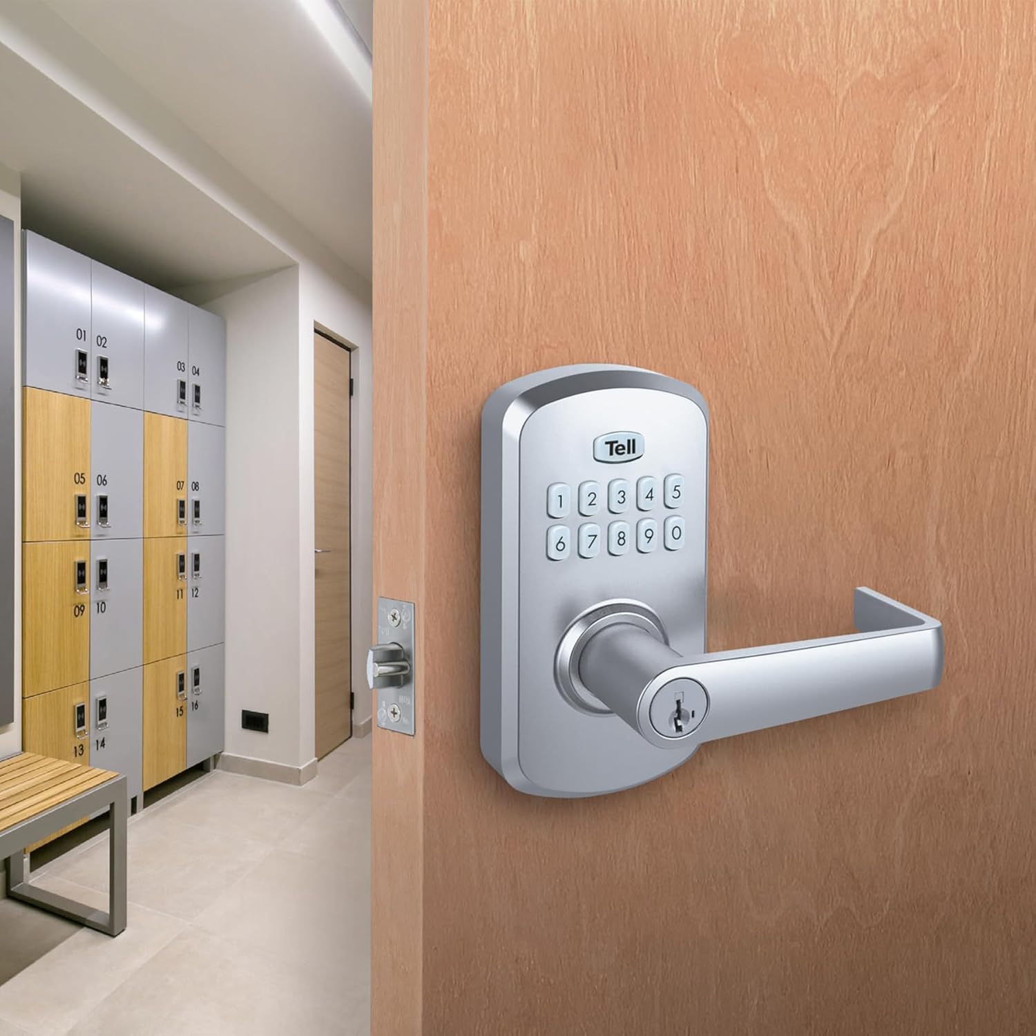 Tell Commercial Electronic Keypad Lock with Cortland Lever Satin Chrome