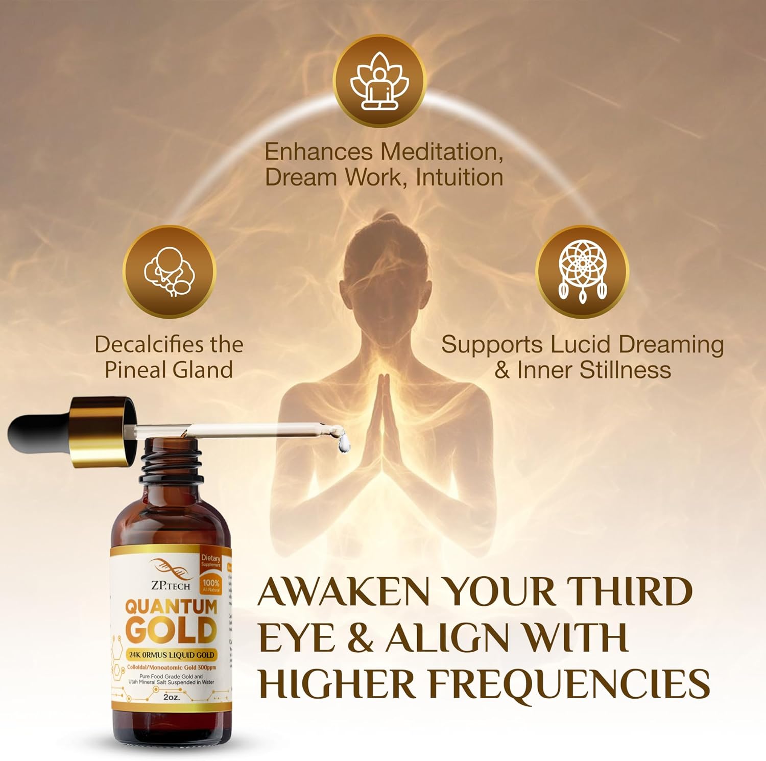 Quantum Gold Liquid Ormus Monoatomic Colloidal Gold & 24K Liquid Gold Supplement for Pineal Gland Activation, Lucid Dreaming & Higher Energy Alignment (2oz)