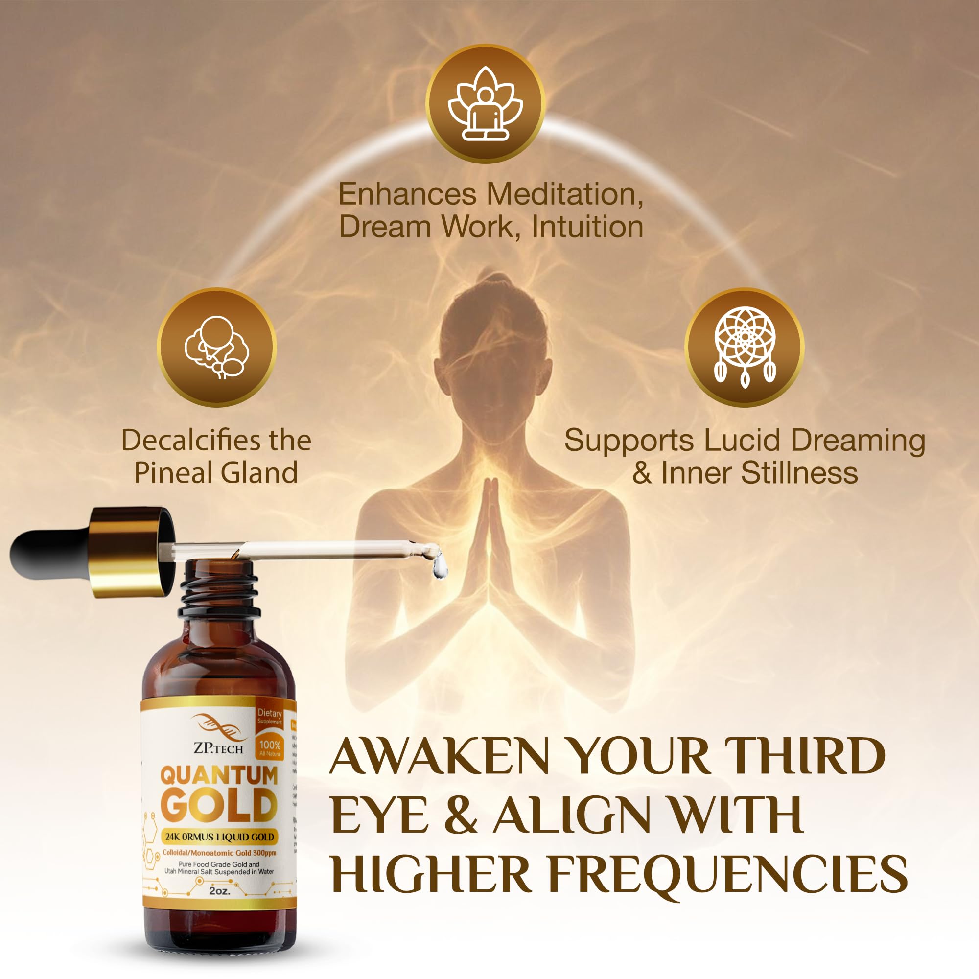 Quantum Gold | Liquid Ormus Monoatomic 24K Gold Supplement Drops for Pineal Gland Activation, Lucid Dreaming & Higher Energy Alignment | 2oz. — Amazon image 3