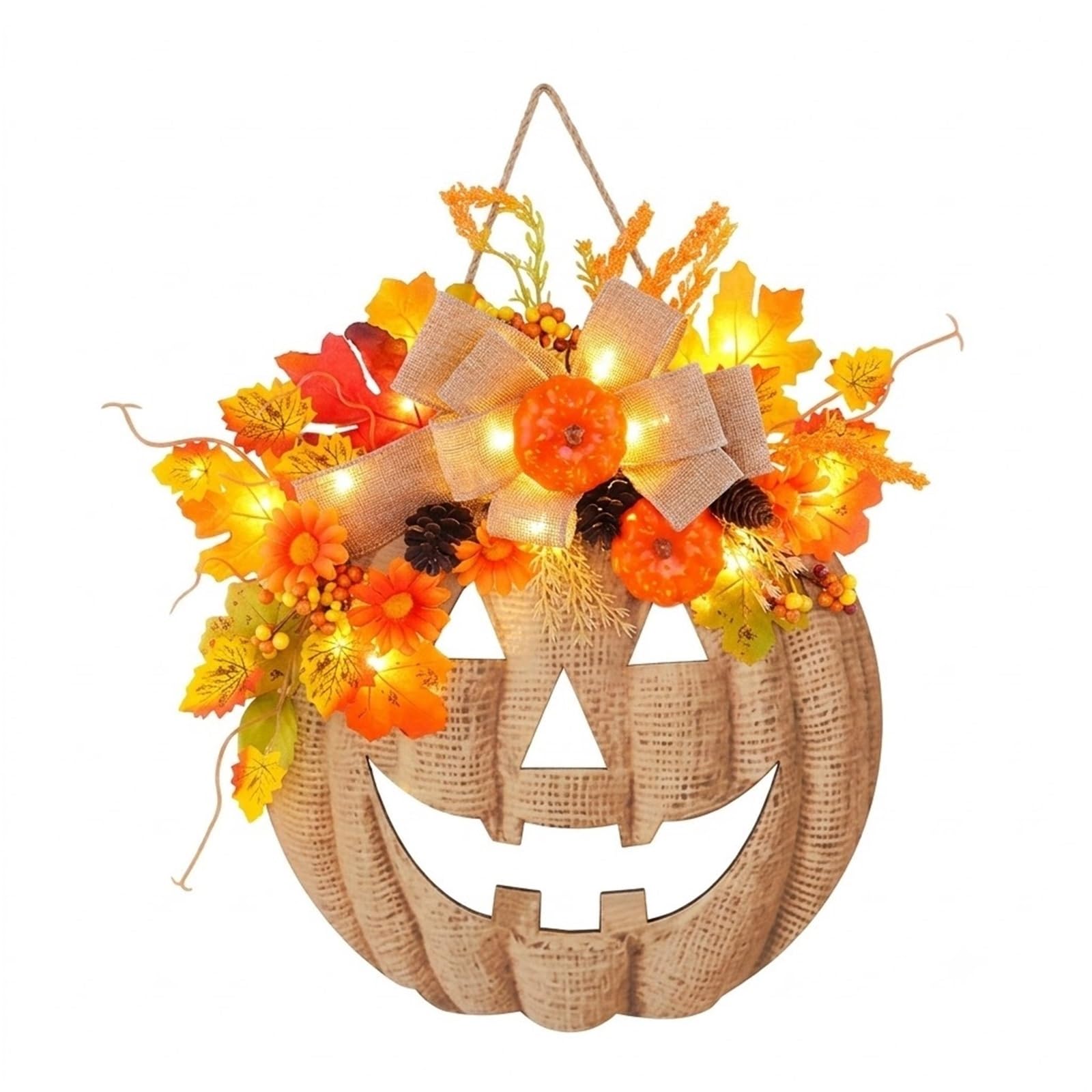 Thuchenyuc Lighted Burlap Pumpkin Wreath, Fall Front Door Decor
