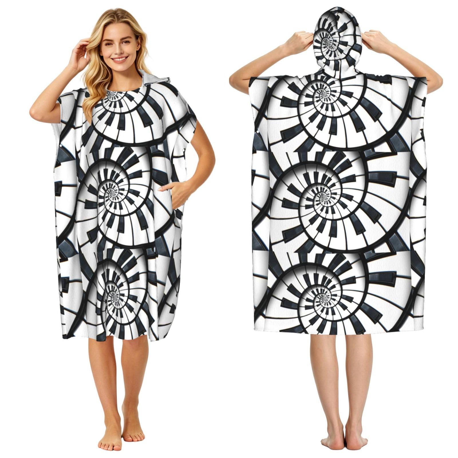 Poadnly Piano Keyboard, Adult Hooded Beach Towel 90 x 110 cm,Changing Bath Robe, Surf Poncho Towel For Women Men