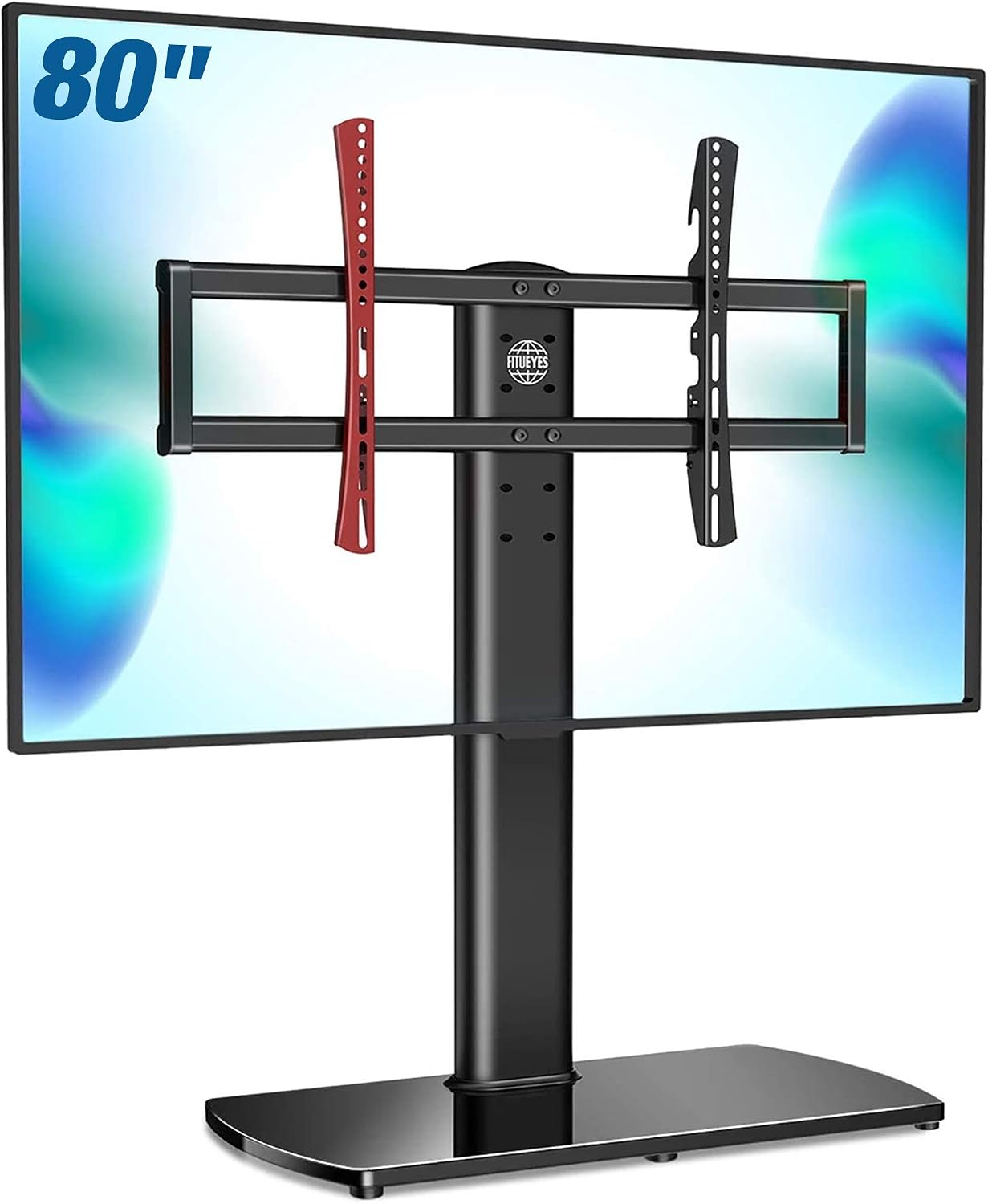 FITUEYES Universal TV Stand Tabletop TV Base Stand for 32 to 80 inch LCD LED TVS 6 Level Height Adjustable, Heavy Duty Tempered Glass Base VESA 600x400mm Holds up to 110lbs