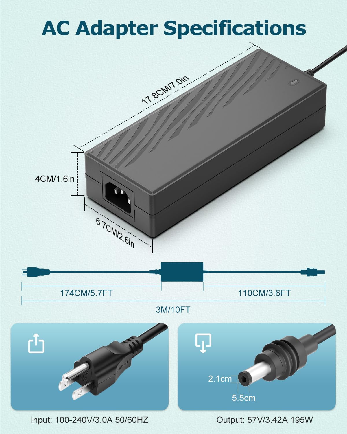 Starlink Gen 3 Power Supply Adapter 57V 3.42A AC to DC Charger for Starlink Gen3 Power Adapter 195W Replacement Power Cord Compatible with Gen 3 Standard Accessories Multi Protection 18AWG 3M/10FT