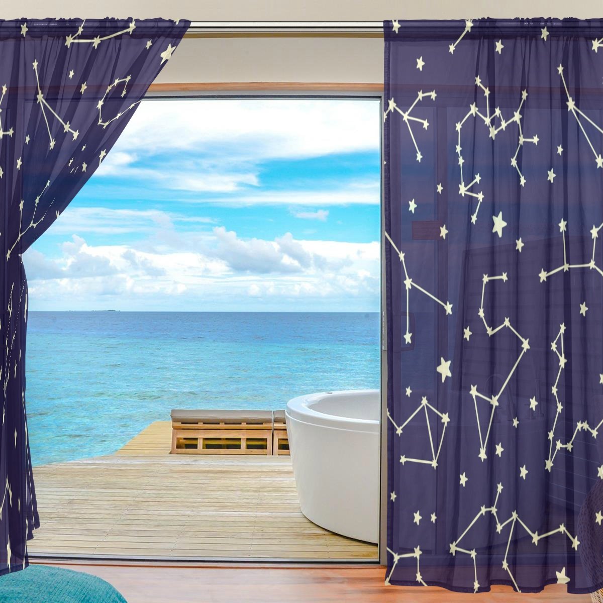 Amazon｜旅立の店 カーテン レースカーテン 星空 星座柄 半遮光