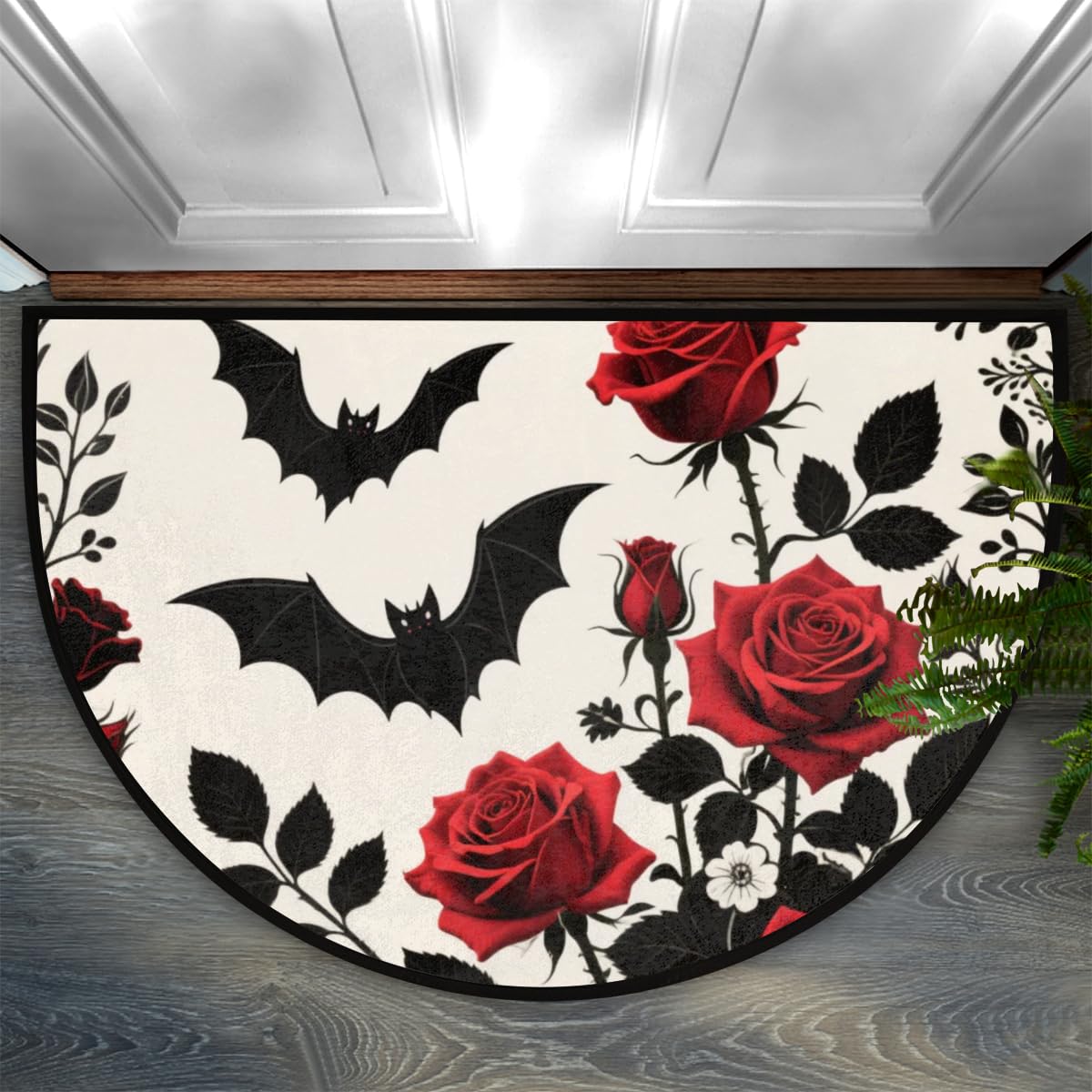 Aglebo Gothic Bat Rose Half Round Door Mat Non-Slip Half Circle Area Rug 24" x 36" Decor Indoor Entrance Doormat Washable Welcome Mats for Home