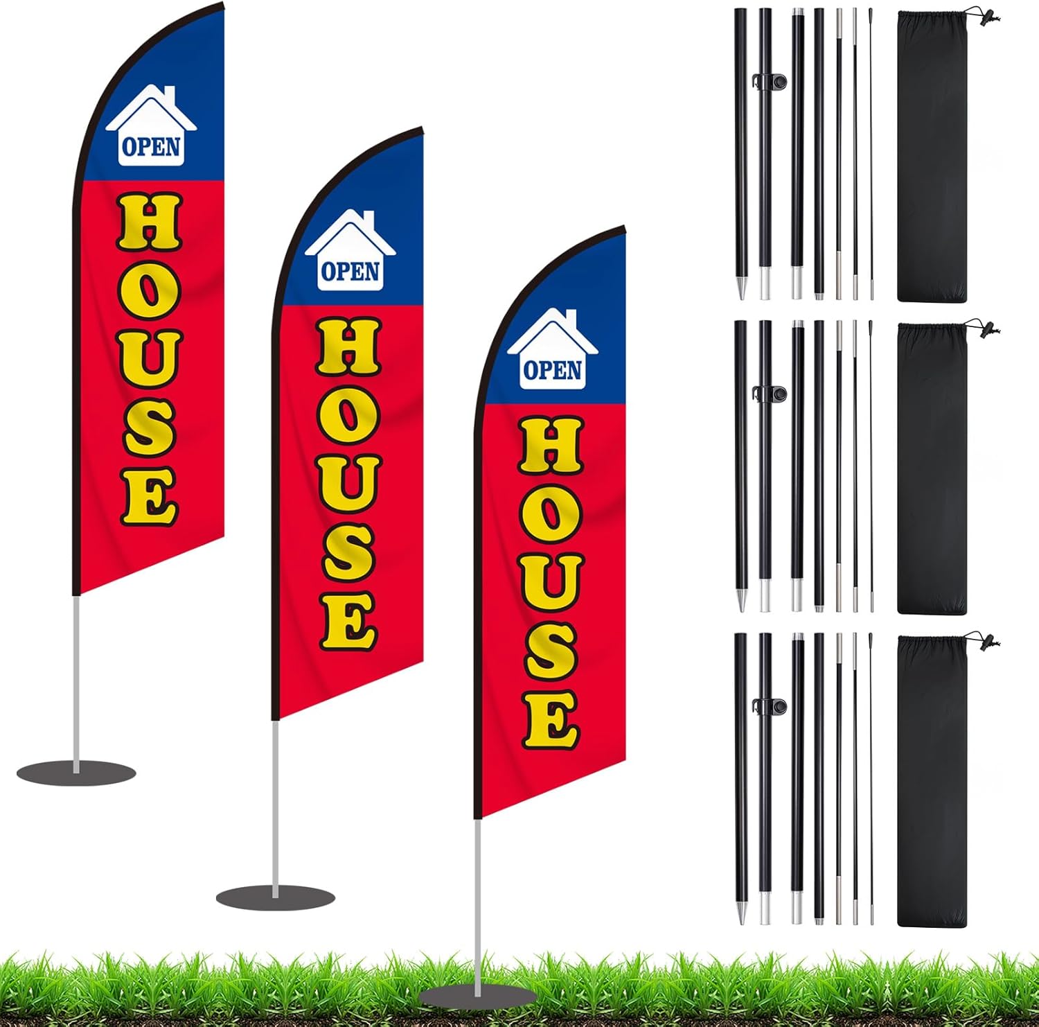 Open House Flag 8 ft with Flagpole Kit 3 Pack, Open House Signs for Real Estate Agents Business, Opening Feather Flag with Flagpole Ground Stake Portable Bag