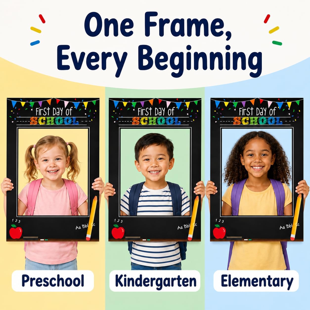 DOITOOL First Day of School Photo Prop Back to School Booth Frame | 26.7x18.9" large paper selfie frames for classroom decorations, preschool, kindergarten student welcome party supplies