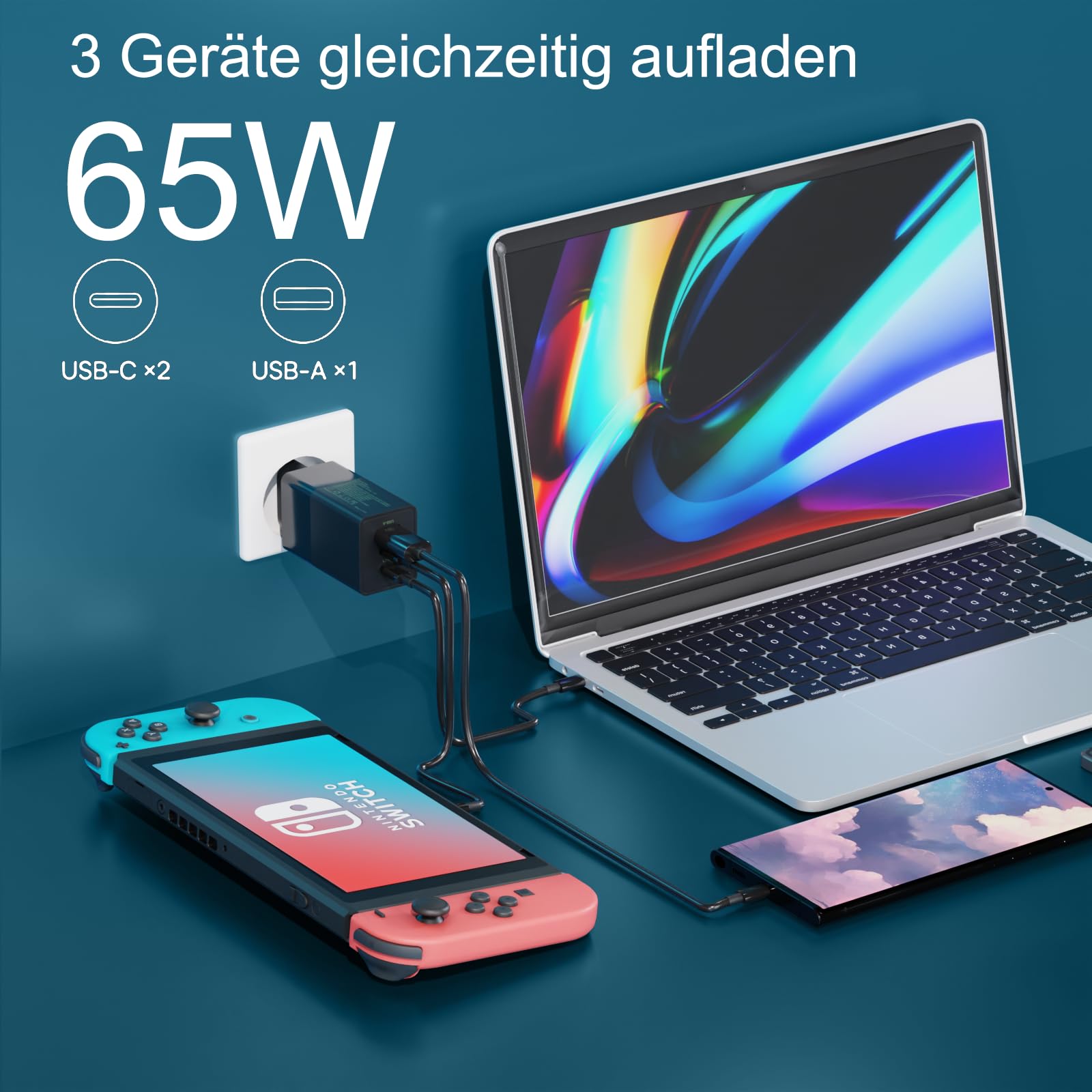 USB-C GaN Ladegerät 65 W – 3 Ports, Kompakt, Faltbar | Für MacBook, Samsung Galaxy, IPhone, IPad, Dell XPS