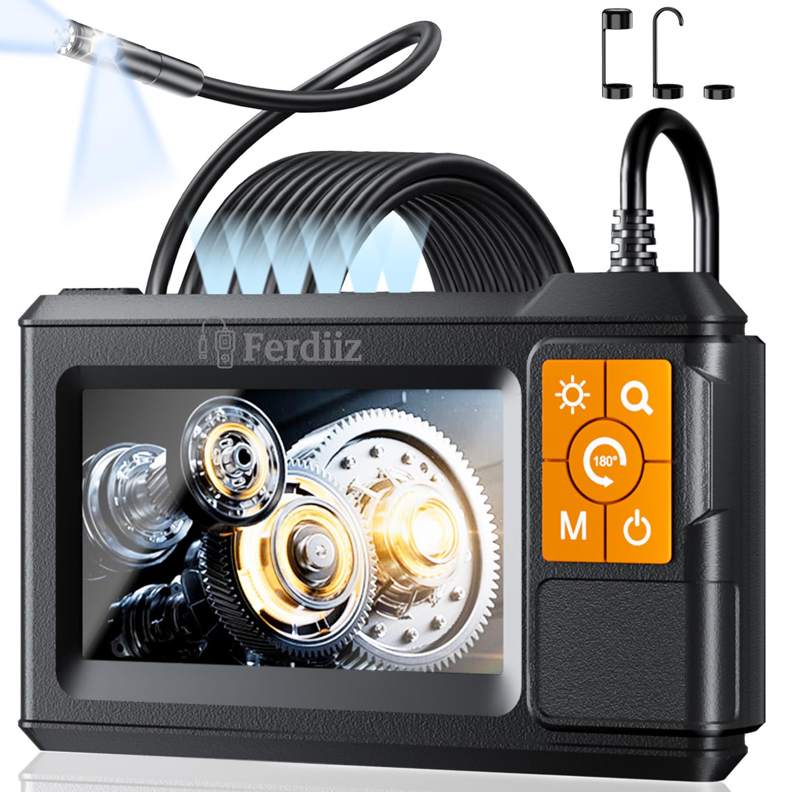 Endoskopkamera mit Licht Ferdiiz, 1080P HD Doppellinsen-Inspektionskamera mit 4,3-Zoll-IPS-Bildschirm, IP67 Rohrkamera, 8+1 LED-Kanalkamera - 5M