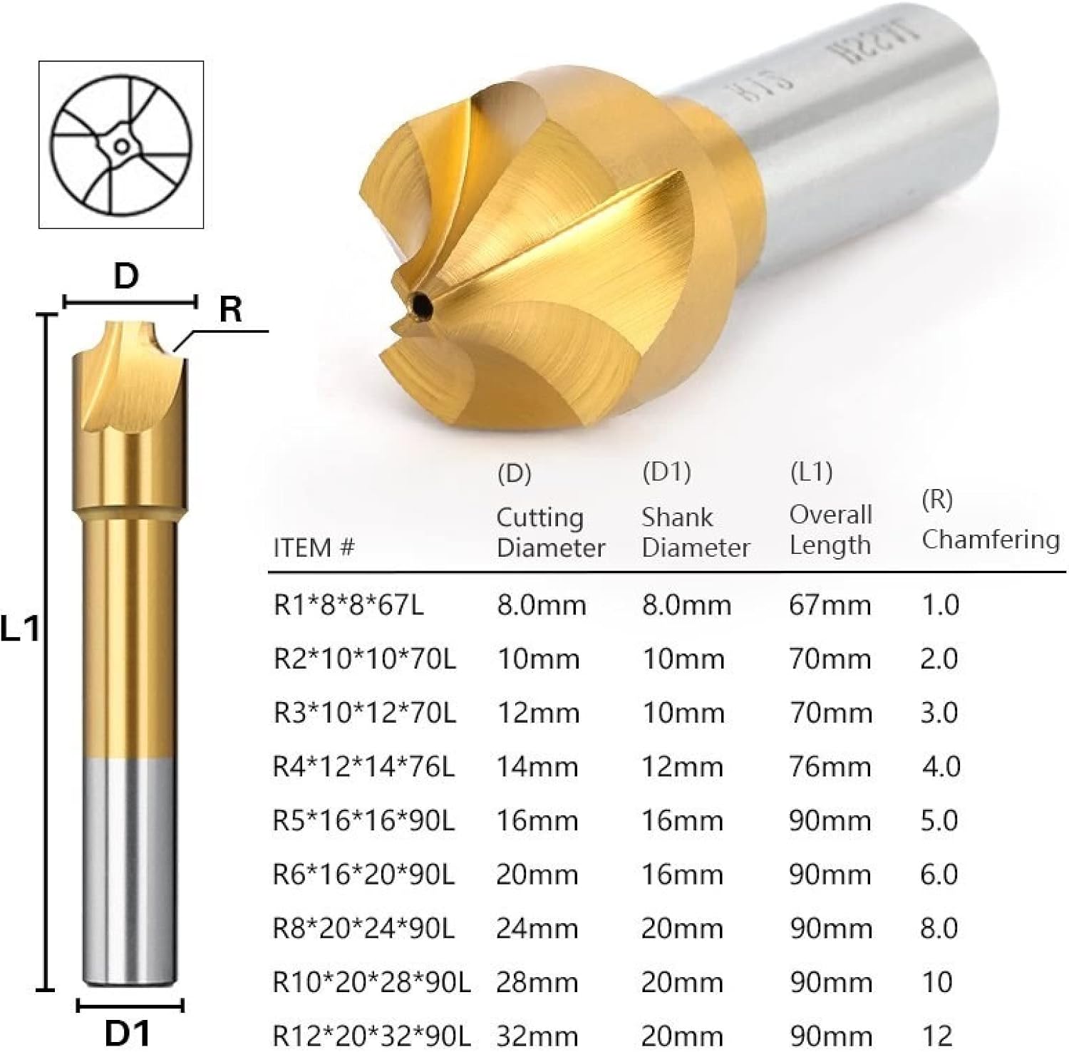 HSS Radius Milling Cutter TiN Coated Corner Rounding End Mill CNC Router Bit Milling Tool,R10x20x28x90