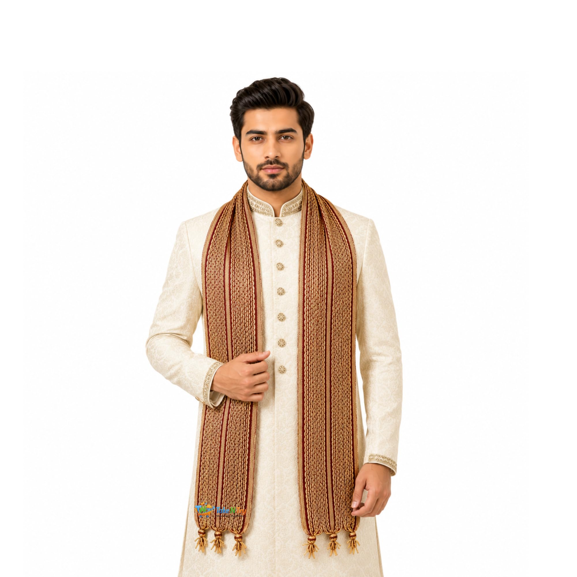 Men's Sherwani Dupatta Stole with Maroon & Golden Stripes & Tassels | Ethnic Chunni Scarfs for Wedding, Kurta Pajama, Festivals & Groom Wear (1 Piece)-image-47