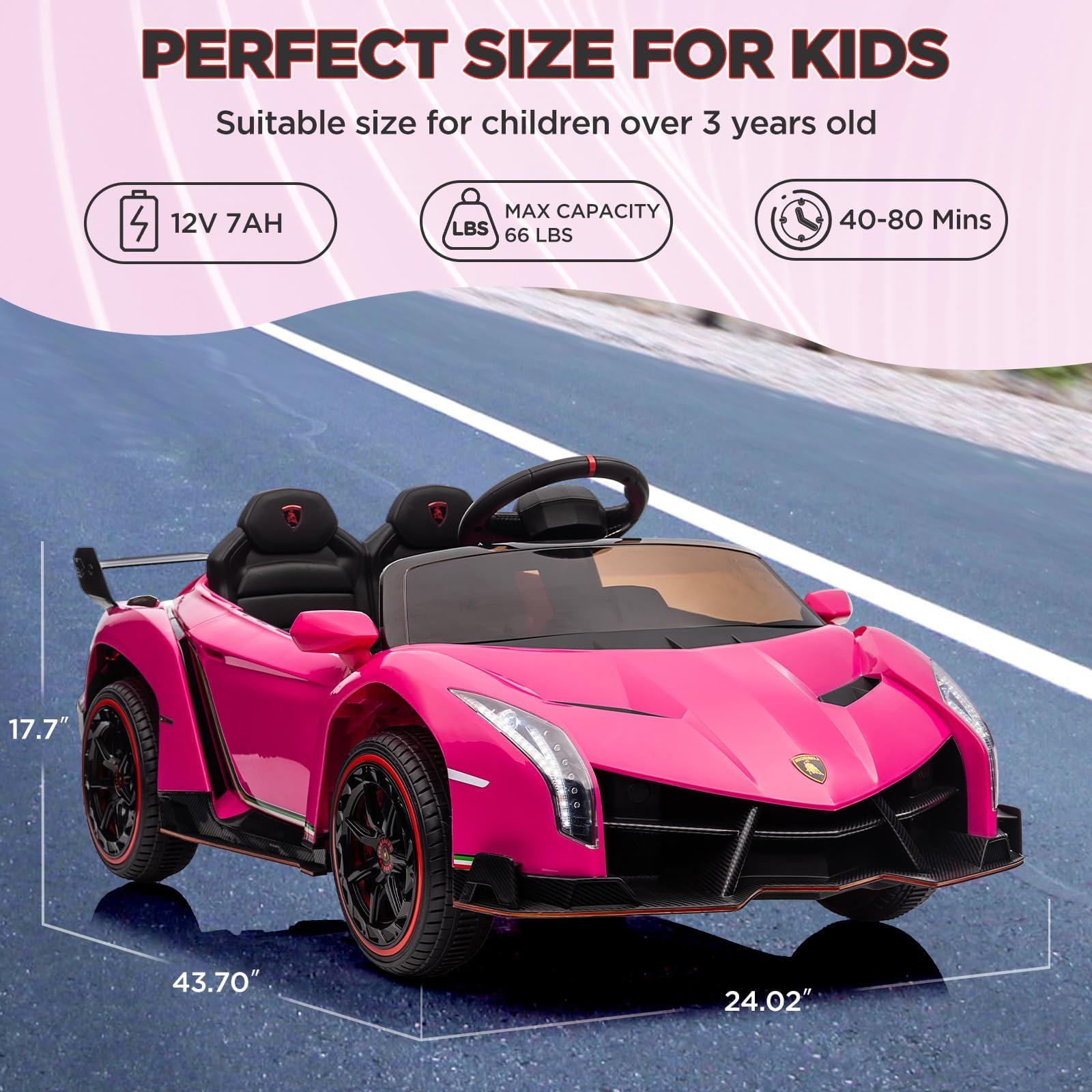 Lizenziertes Lamborghini Kinder Elektroauto 12V – 2 Motoren, Fernbedienung, Scherentüren, LED-Licht, breiter Sitz, MP3, USB, Drahtlos, Hupe, 3 Geschwindigkeiten – Sicheres Kinderfahrzeug ab