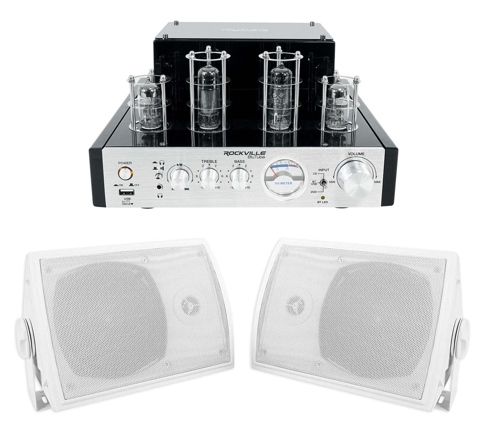 Rockville Bundle BluTube 70w Tube Amplifier/Home Theater Stereo Receiver w/Bluetooth Bundle with (2) HP5S-8 5.25" Outdoor/Indoor Home Theater Speakers (3 Items)