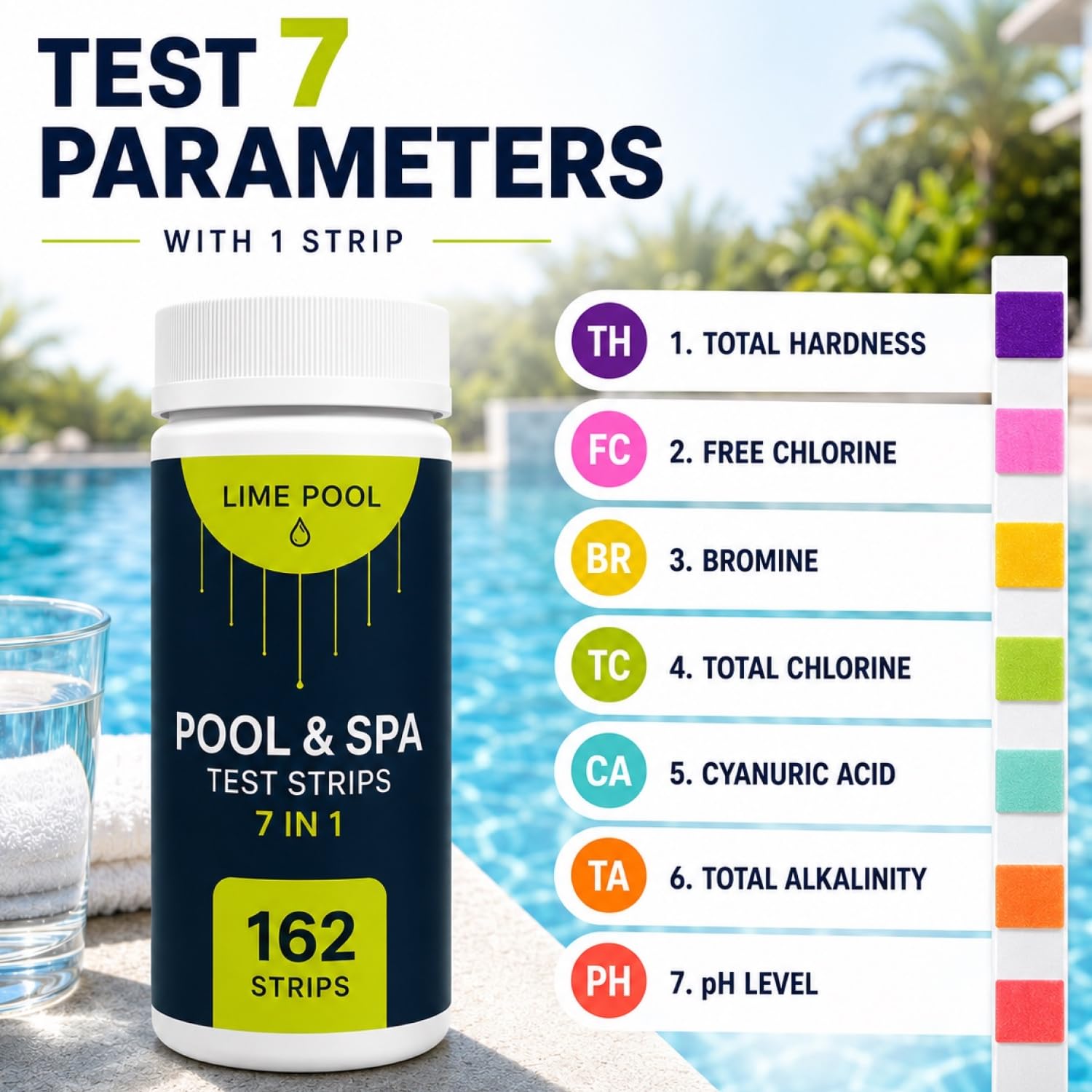 7-Way Pool Test Strips - 162 Strips Hot Tub, Spa, Pool Water Testing Kit image 3