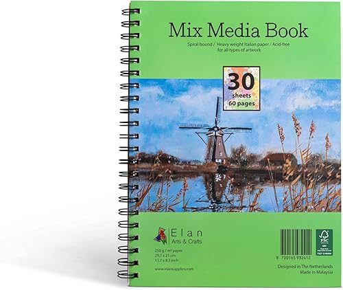Elan Libro de dibujo de medios mixtos A4, 30 hojas de papel italiano de 8.82 ozm, cuaderno de bocetos multimedia de 9 x 12 pulgadas, papel sin