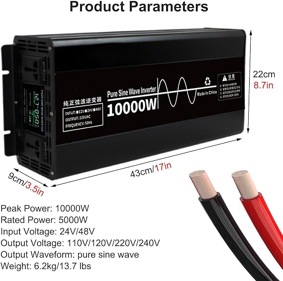 Power Inverter for Vehicle, 10000W Pure Sine Wave Inverter with Dual Sockets & LCD Display, DC to AC Voltage Converter for Boat RV,10000W 48V