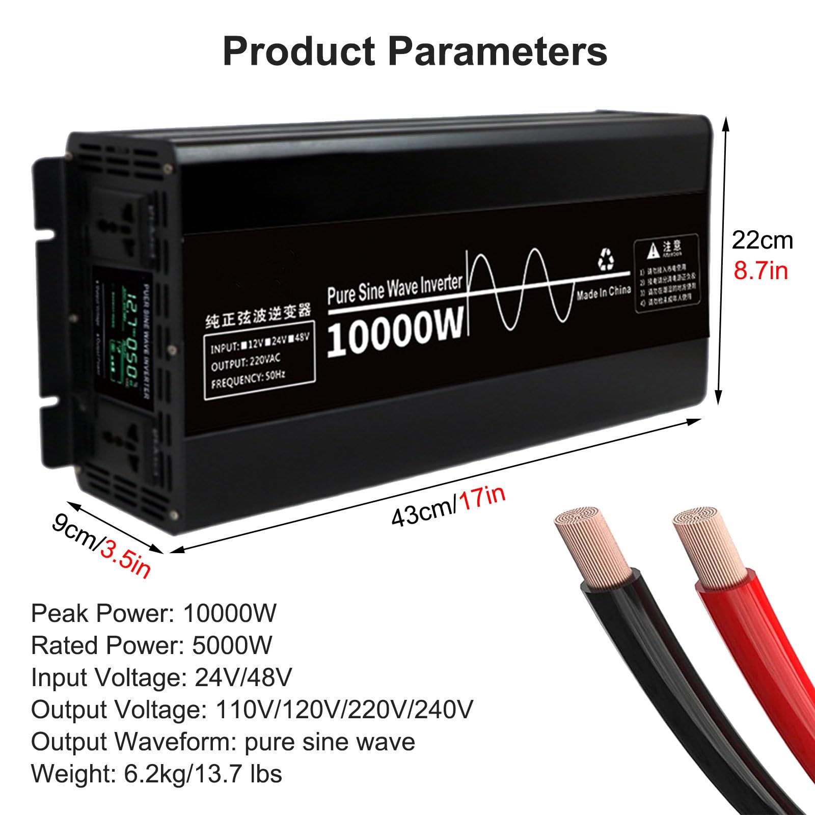 Falownik Przetwornice samochodowe o mocy 10000 W, przetwornica napięcia 24 V DC na 110 V AC z podwójnymi gniazdami prądu przemiennego i wyświetlaczem LCD,48V to 220V