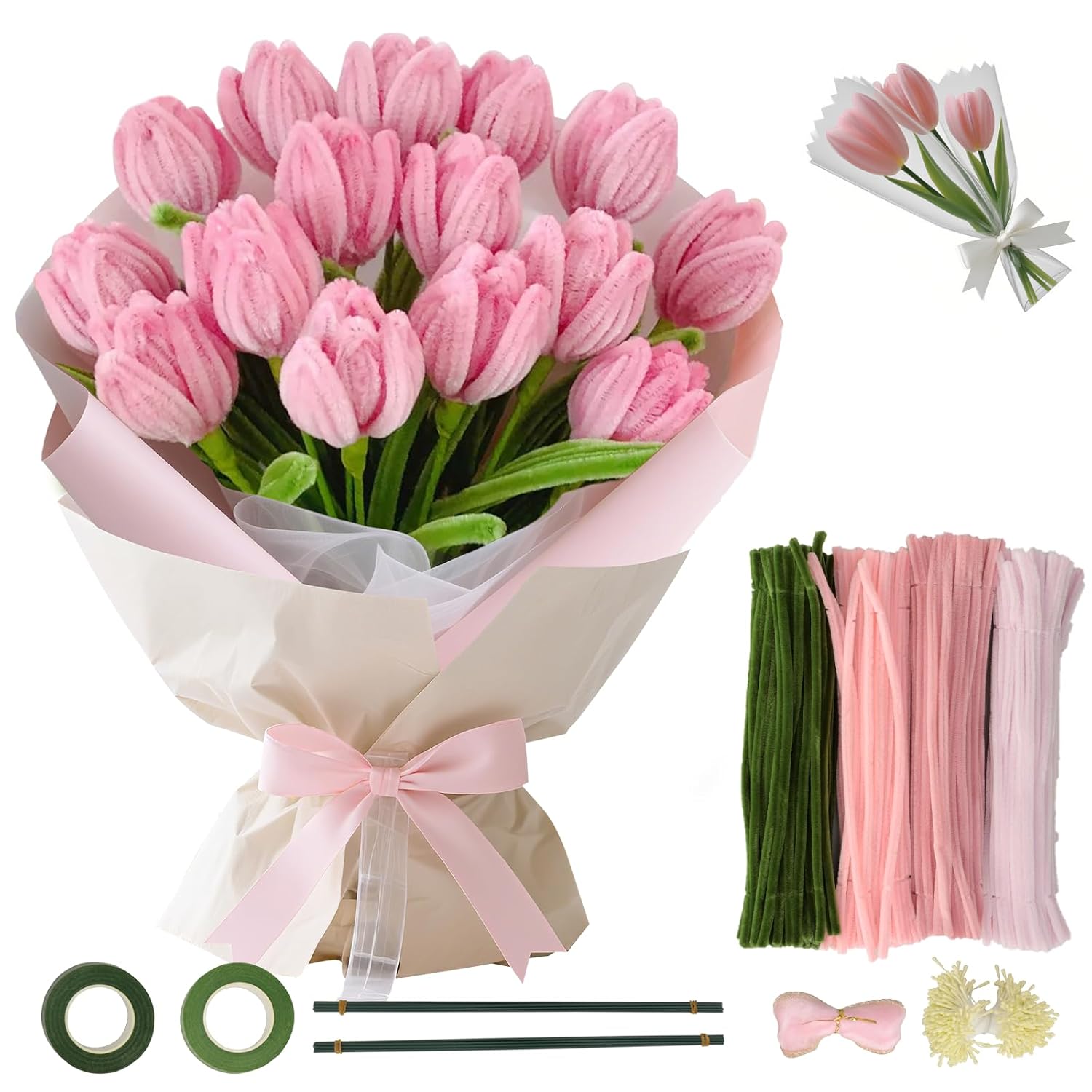 Cozary 400 Pieces Tulip Bouquet Pipe Cleaner Set (4 Colours), Pipe Cleaner with 20 Pieces Green Craft Thread, 2 Pieces Adhesive Tape, 1 Piece Ribbon & 160 Pieces Flowers Stamen for DIY Bouquet