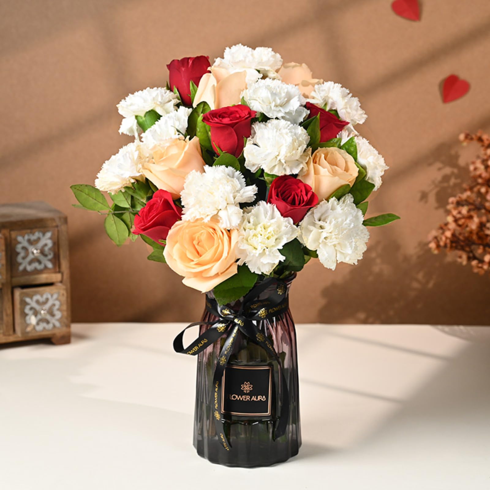 FlowerAura Fresh Live Flower Bouquet of 10 Carnations & 10 Roses In Vase For Birthday Gift, Anniversary Gift, Valentine's Day Gift For Boyfriend, Girlfriend, Wife & Husband (Same Day Delivery)-image-15