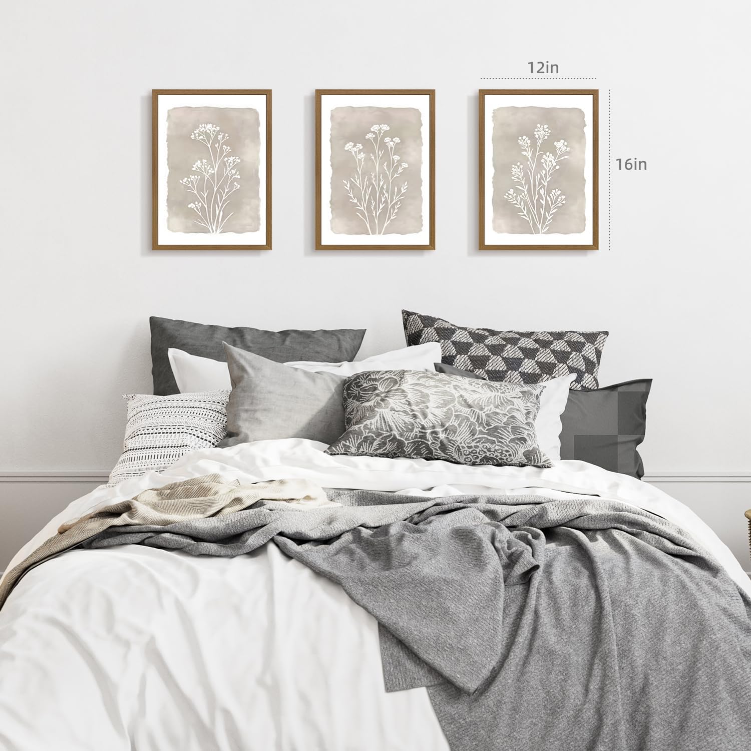 Grajoy Wood Framed Vintage Floral Wall Art Set of 3, Minimalist Wildflower Plant Wall Decor, Boho Beige Line Flower Poster Print, Farmhouse Nature Neutral Canvas Painting for Living Room 16x24 Inch