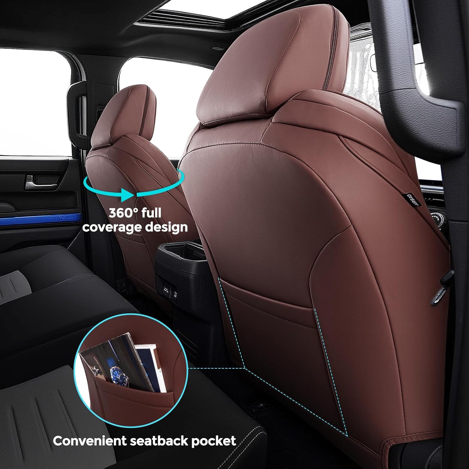 Car Seat Covers for Toyota Tacoma 2024 2025 2026 Double Cab (Gas Only), Full Set All Weather Faux Leather Pickup Truck Accessories, Full Coverage Custom Seat Protectors for Tacoma SR SR5 TRD (Brown)