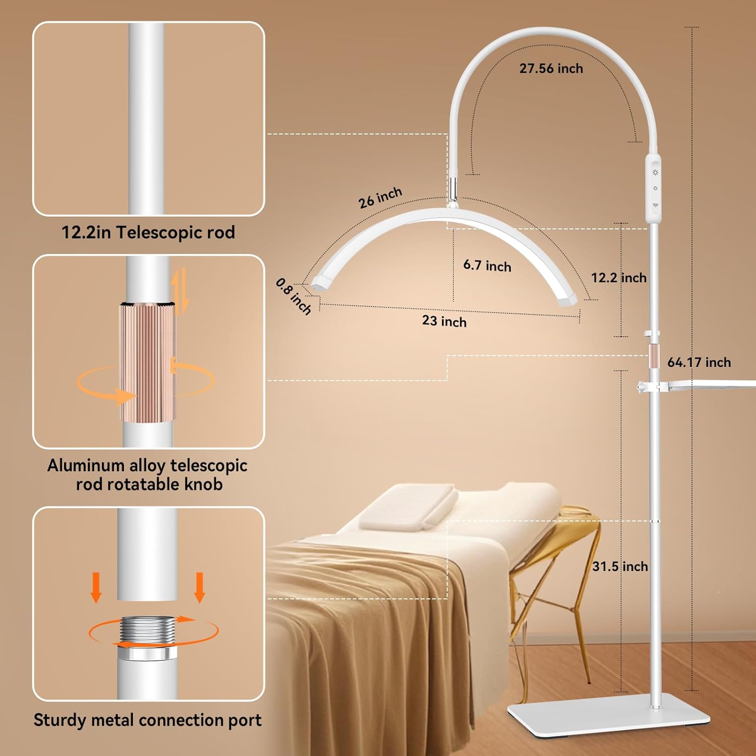 Lash Light for Eyelash Tech Led Half Moon Light Lamp for Tattoo, Lash Extensions, Nail, Beauty, for Esthetician & Artists, Adjustable Height, Dimmable Brightness, with Movable Tray, White