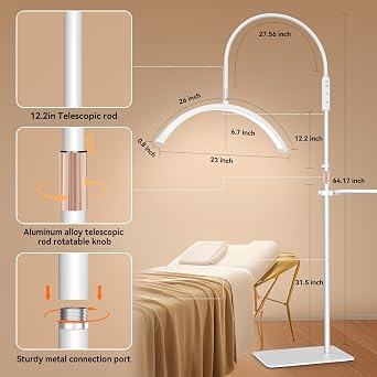 Lash Light for Eyelash Tech Led Half Moon Light Lamp for Tattoo, Lash Extensions, Nail, Beauty, for Esthetician & Artists, Adjustable Height, Dimmable Brightness, with Movable Tray, White