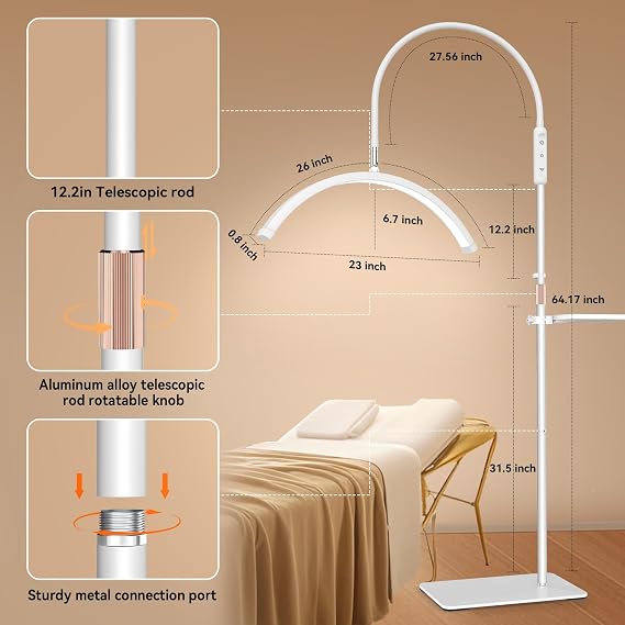 Lash Light for Eyelash Tech Led Half Moon Light Lamp for Tattoo, Lash Extensions, Nail, Beauty, for Esthetician & Artists, Adjustable Height, Dimmable Brightness, with Movable Tray, White