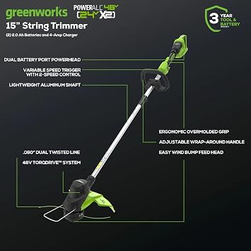 Greenworks 48V (24V x 2) 15 String Trimmer, (2) 2Ah Batteries and 4A Dual Port Charger Included