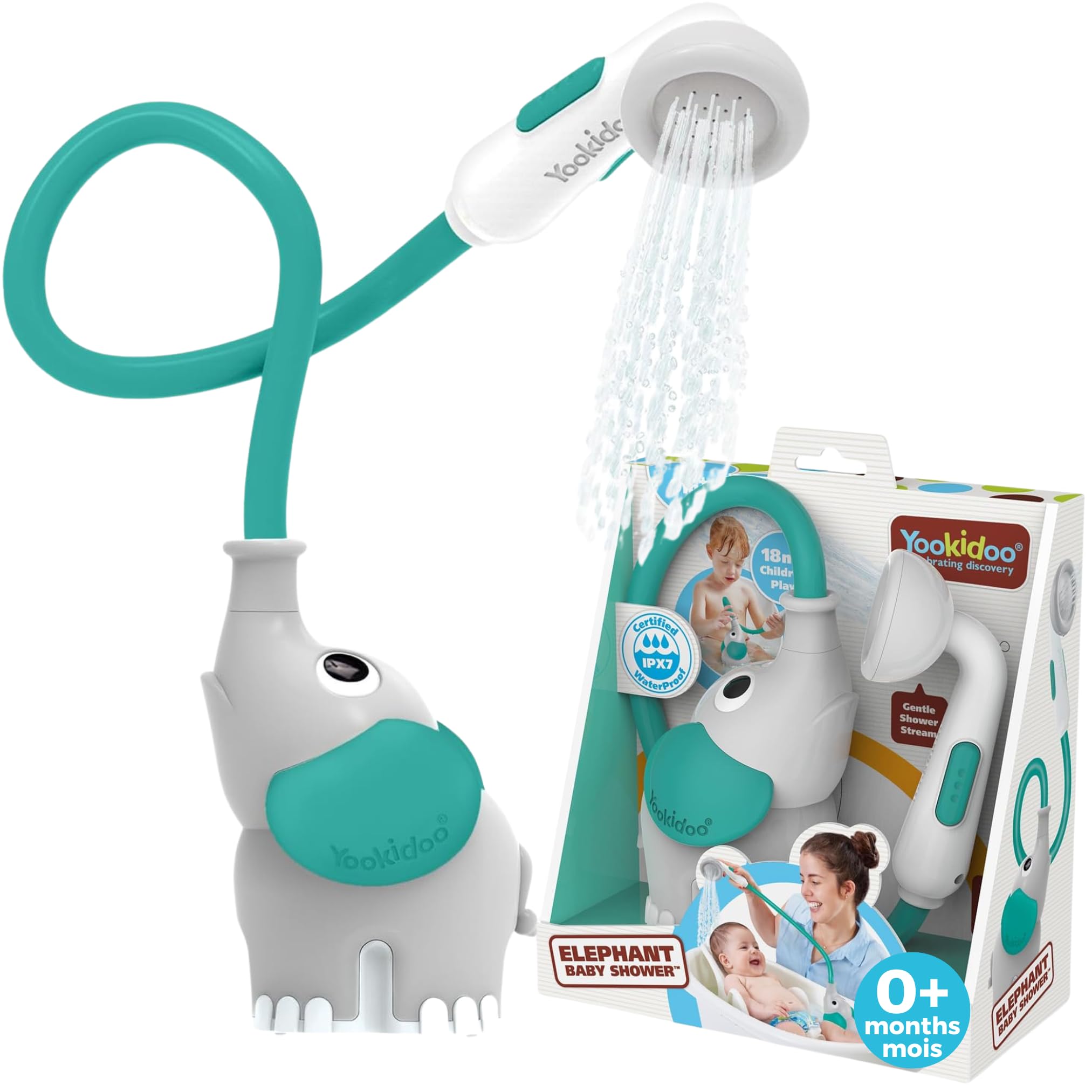 Yookidoo – Ducha de baño elefante gris y verde – Juguete de baño para bebé – Juego de baño y ducha despertar de los sentidos – Manguera de rociador de juguete de baño para bebé – Regalo de bebé de 0 a