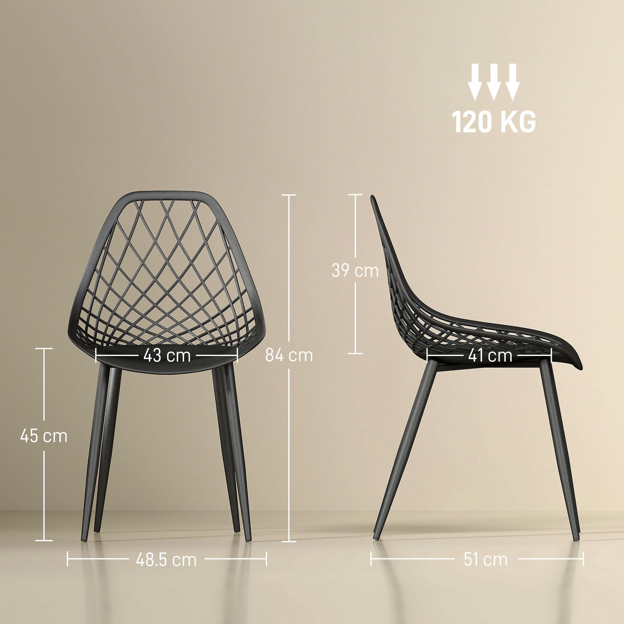 HOMCOM Set di 4 Sedie Sala da Pranzo con Schienale Curvo e Traforato Nero | Sedie Cucina Moderne, Gambe Metallo, Plastica, Cucina Camera Letto Soggiorno