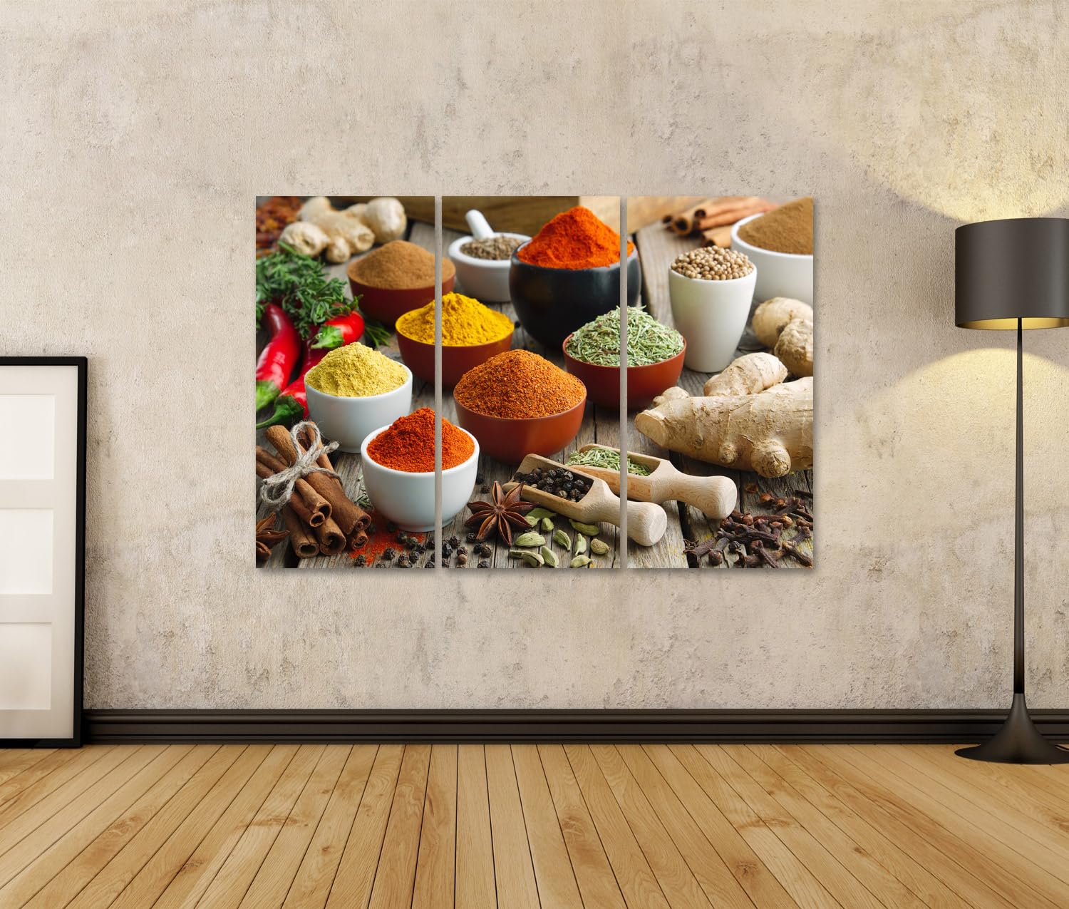 islandburner Prime Bild auf Leinwand Vielfalt der Gewuerze auf Holzuntergrund - Leinwand 130x80cm - 3 Teile