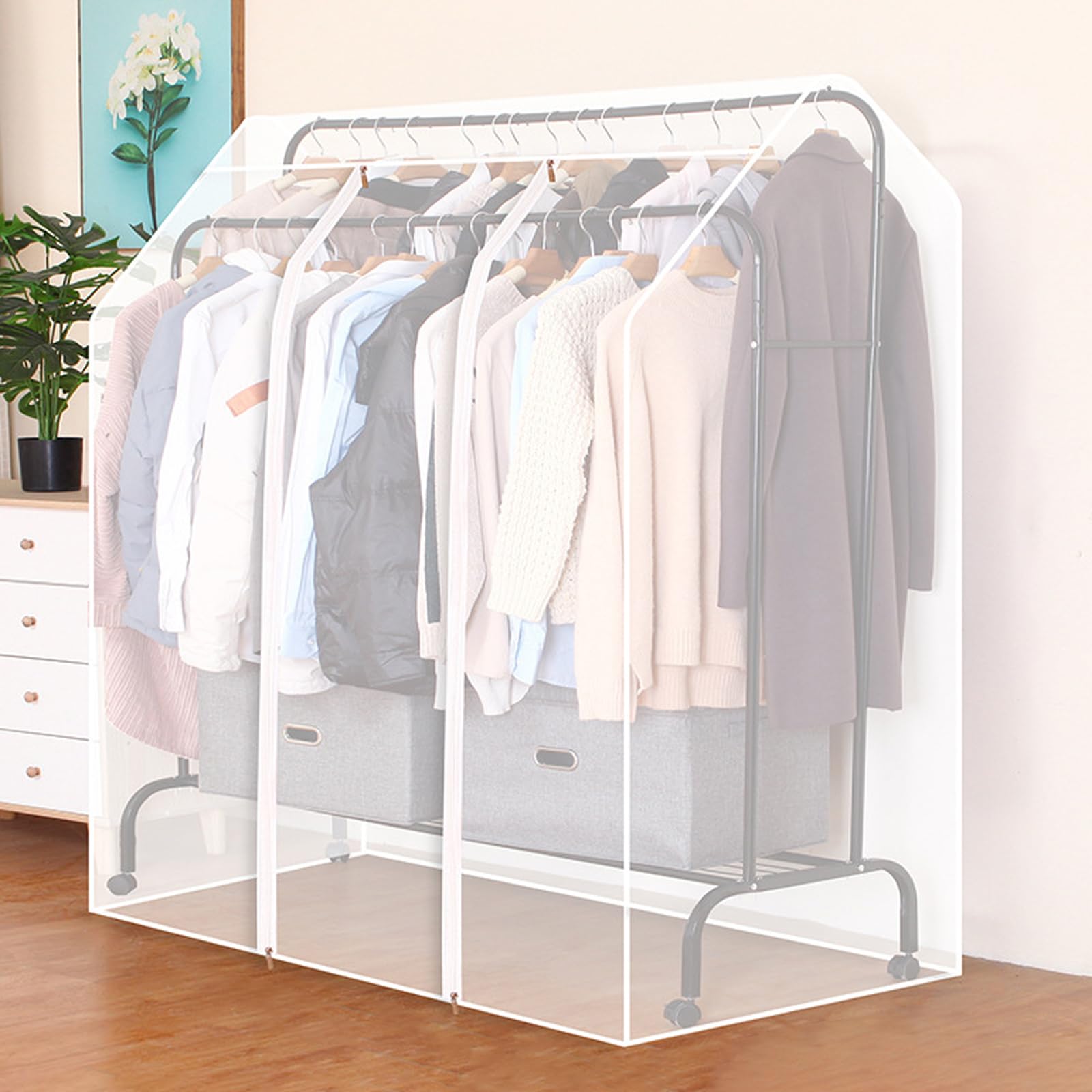 Cubierta Antipolvo para Barras Dobles para Colgar,Funda Transparente para Perchero de Ropa,Cierre con Cremallera,para Perchero de Doble Varilla Alta y bajo. Percheros no Incluida