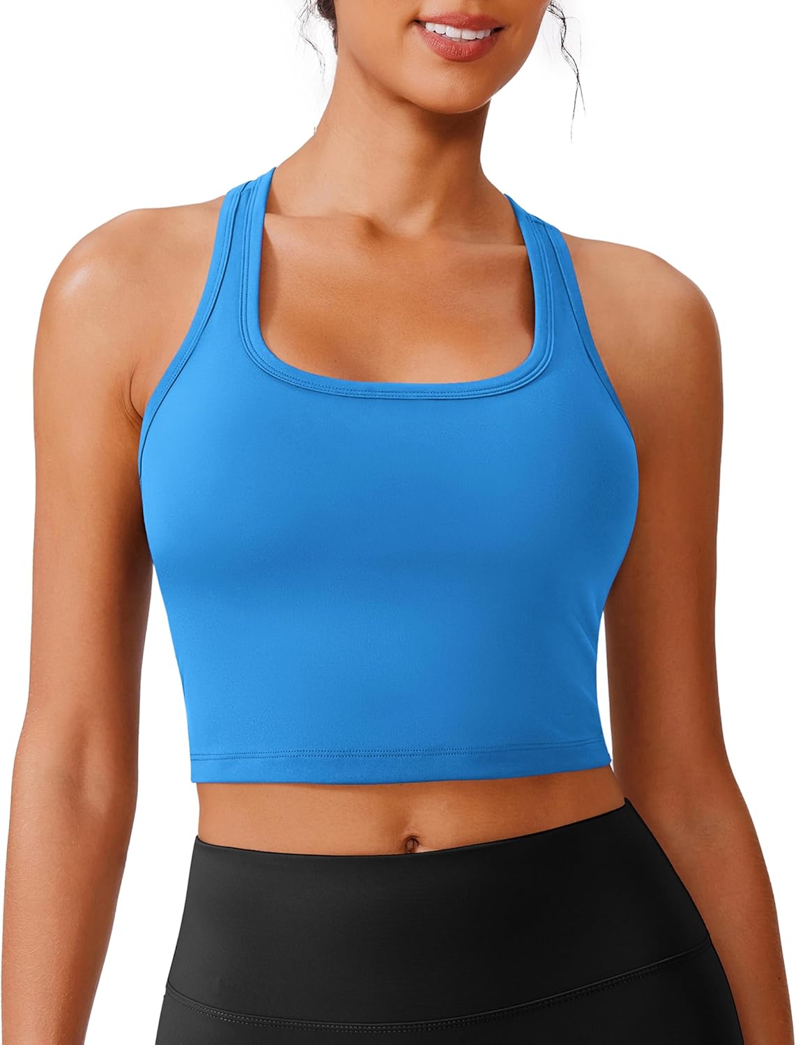 PINSPARK Racerback Crop Tank Tops for Women Longline Padded Sports Bra Scoop Neck Workout Yoga Top - Image 2