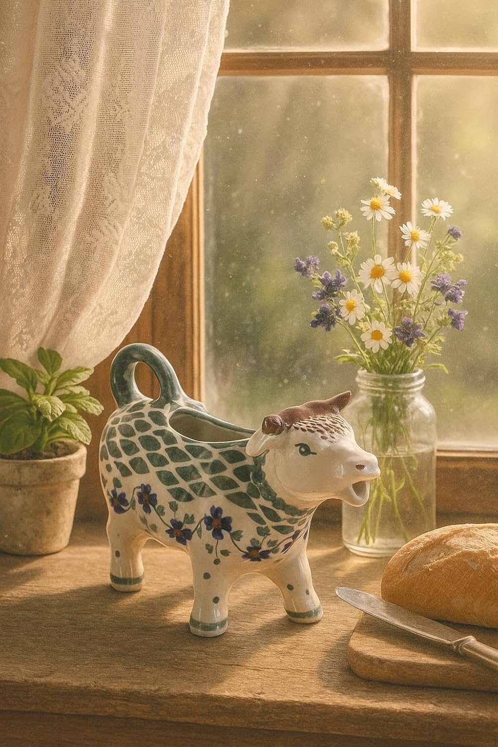 Blue Rose Polish Pottery - Green Sage Floral Cow Creamer - 5 oz Capacity - Ceramic Cream Pitcher in Cow Shape