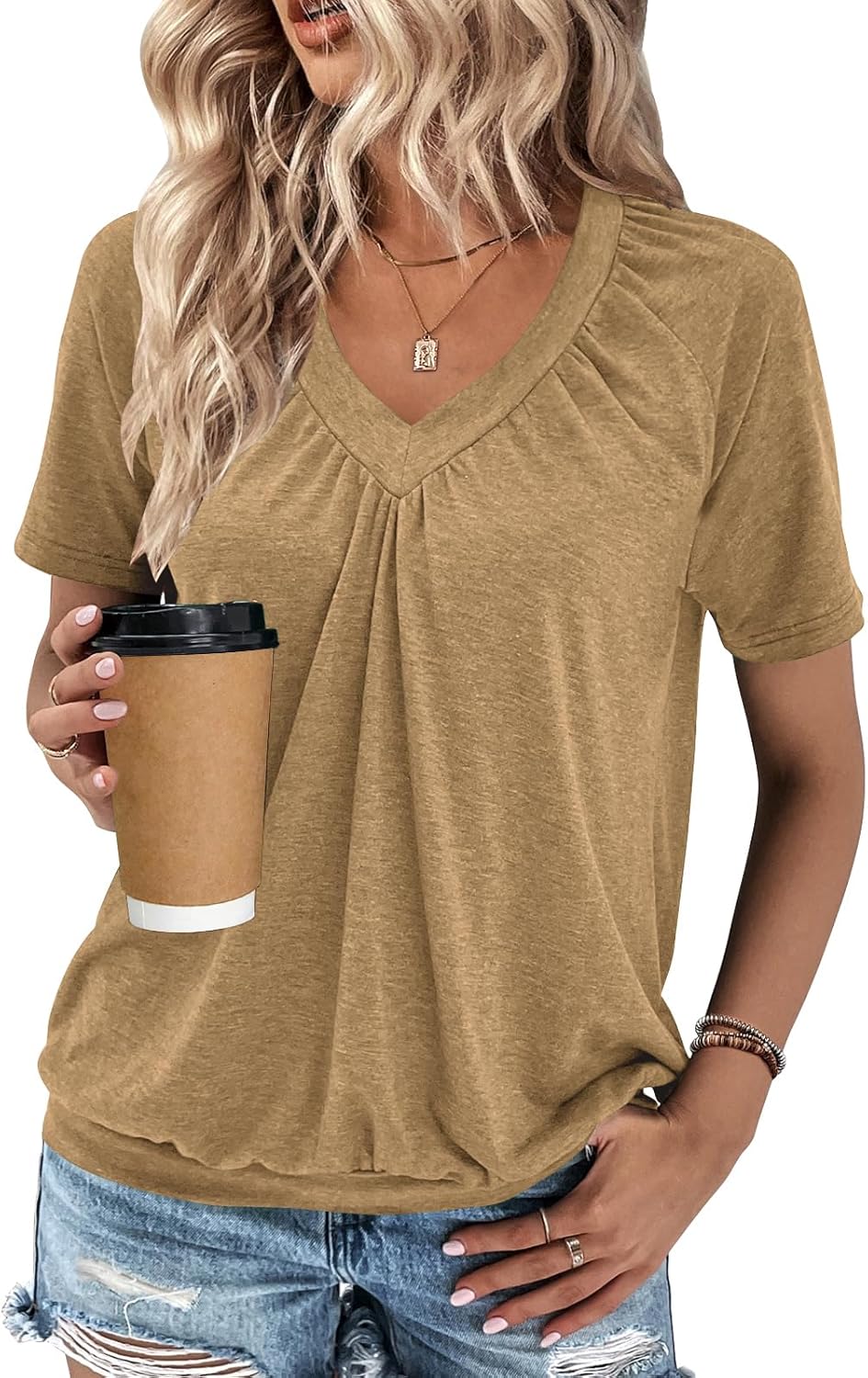 Summer Tops for Women 2025 Shorts Sleeve Womens Tops,V Neck Soft Casual Loose Fit Ruched Top T Shirts Tee Clothes - Image 5